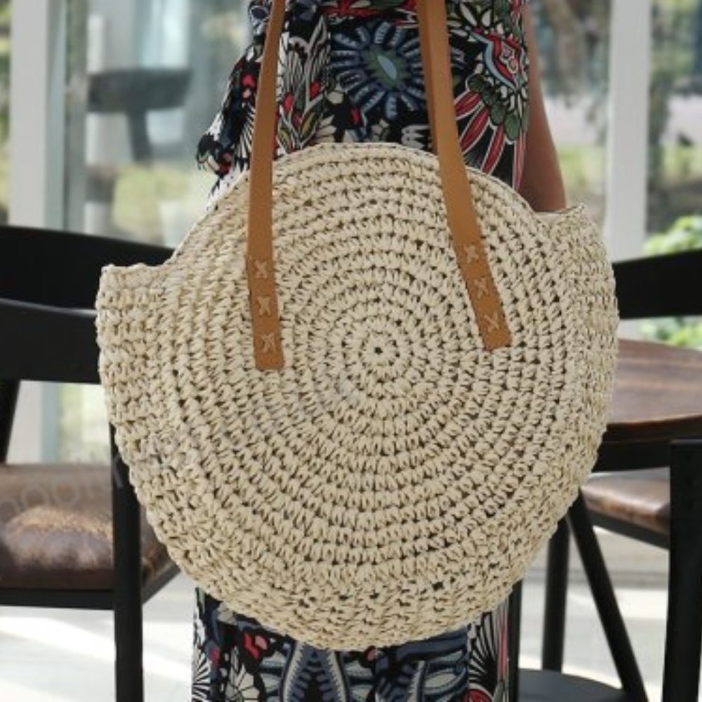 ⚠CLOSEOUT⚠ Raffia Straw Round Woven Beach Tote Bag - Picture 1 of 5